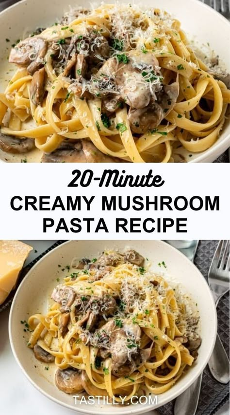 Looking for an easy weeknight dinner? This Creamy Mushroom Pasta is done in 20 minutes! Mushrooms, garlic, and Parmesan create a rich, satisfying sauce. No wine? Use chicken broth instead. Make it tonight and enjoy! 🍄 #MushroomPasta #EasyDinner Mushroom Recipes Pasta, Creamy Mushroom Pasta, Fettuccine Pasta, Mushroom Pasta, Creamy Mushrooms, Creamed Mushrooms, Chicken Stock, How To Cook Pasta, Pasta Recipes