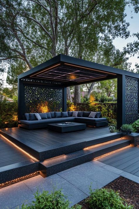 Modern gazebo made of black granite in clean modern lines the deck is elevated with LED lit steps theres a modern u shaped sectional sofa with. Check out all of these fresh and unique gazebo ideas and designs to transform your backyard into a stylish oasis. Backyard Renovation, Modern Gazebo, Rooftop Terrace Design, Backyard Remodel, Vertical Gardens, Terrace Design, Backyard Patio Designs, Functional Furniture, Renovation Ideas