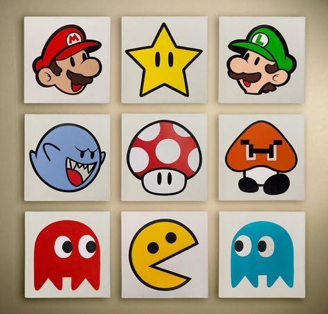 Game Room Decorations - Foter Art Mini Toile, Mario Room, Dyi Art, Mini Toile, Painted Fan, Cute Canvas Paintings, Canvas Painting Designs, Seni Cat Air, Cute Canvas