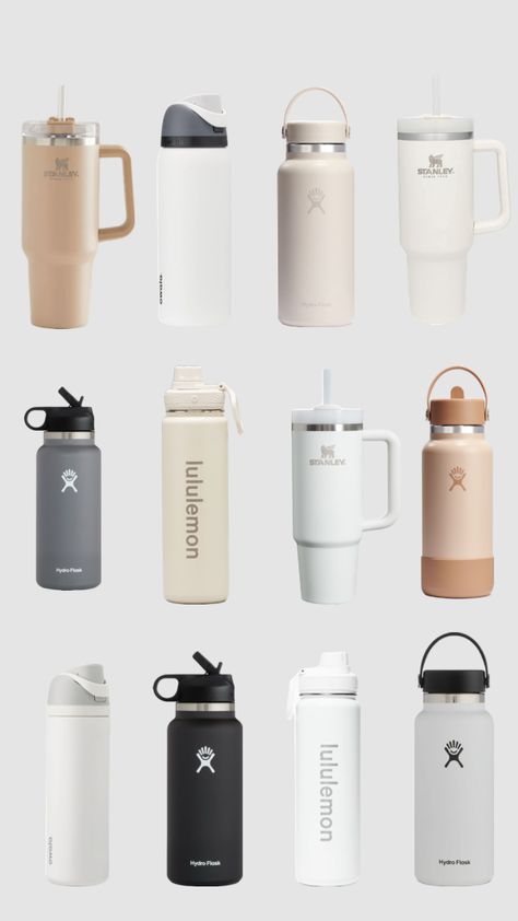 Neutral water bottles! #waterbottle #aesthetic #summer Model Beauty Secrets, Fancy Water Bottles, School Emergency Kit, Hydro Flask Bottle, Girls Water Bottles, Gym Water Bottle, Trendy Water Bottles, Gym Bottle, Green Quotes