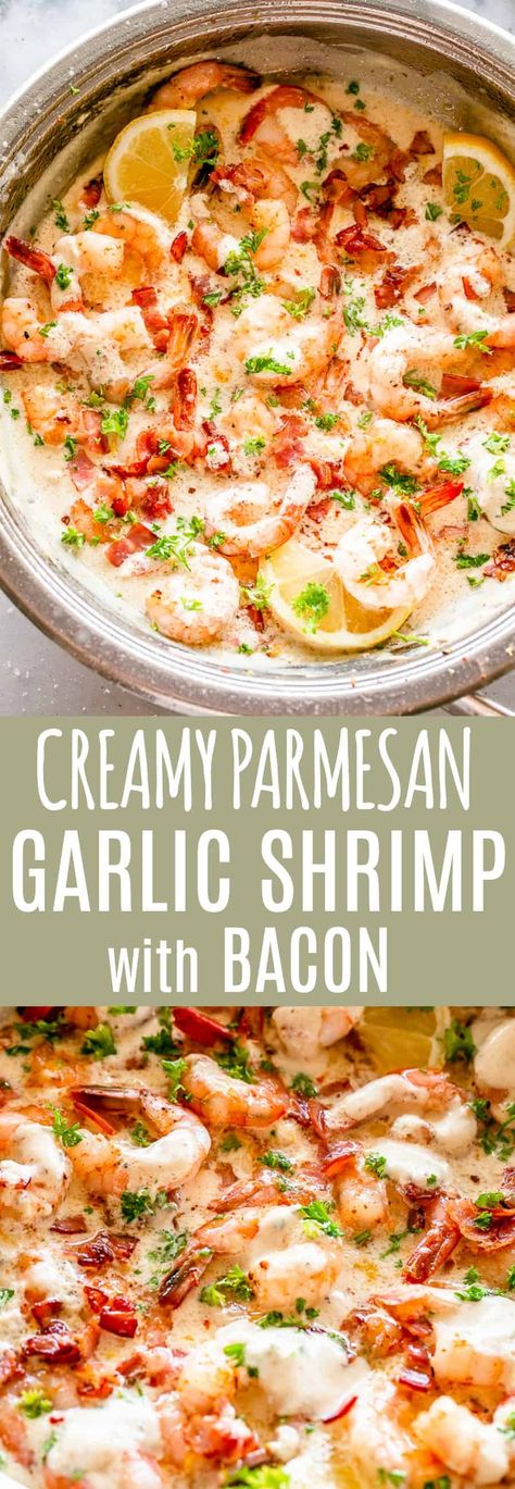 Easy Garlic Shrimp with Bacon in Creamy Parmesan Sauce - Garlicky, juicy shrimp and crispy bacon smothered in a creamy parmesan sauce! Create this restaurant quality dish in the comfort of your own home, asap. #ketodinnerrecipes #shrimprecipes #lowcarb Shrimp With Bacon Recipes, Shrimp Bacon Linguine Recipe, Parmesan Bacon Shrimp Scampi, Shrimp In Garlic Cream Sauce, Creamy Shrimp Sauce For Steak, Shrimp And Garlic Sauce, Shrimp Scampi Cream Sauce, Shrimp Bacon Alfredo Pasta, Shrimp With Cream Sauce Recipes