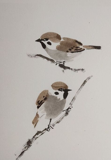 Chinese Painting Flowers, Japanese Ink Painting, Sumi E Painting, Bird Watercolor Paintings, Japanese Watercolor, Chinese Art Painting, Japanese Art Prints, 수채화 그림, Sparrows