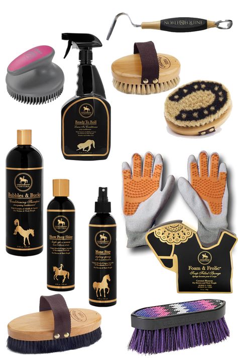 The sight of a clean, well-groomed horse makes me happy. Keeping a horse clean is easier said than done. You’ll need to enlist a few favorite products over and over again for their services. I thought I would share a few must haves to get you started. Of course, you might find you need a... Horse Grooming Kit, Horse Care Tips, Equestrian Helmet, Horse Equipment, Horse Gear, Horse Grooming, Horse Accessories, Equestrian Boots, Equestrian Riding