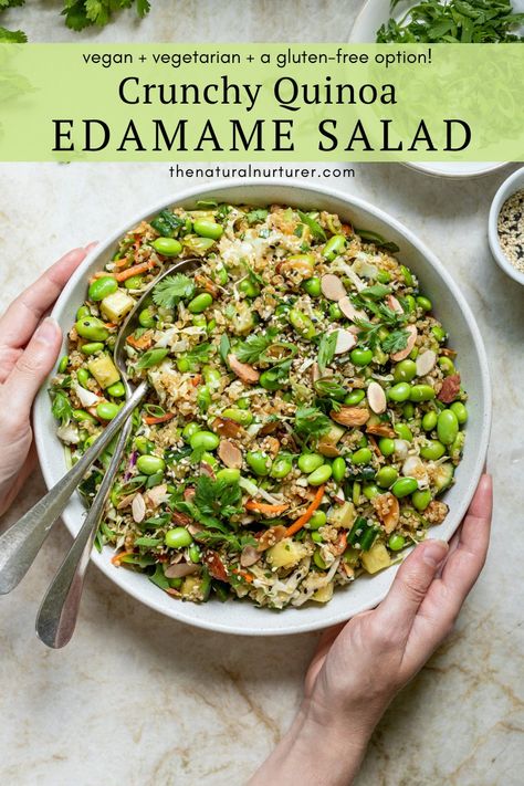 Grab a bag of frozen edamame, cook up some quinoa, whip up the Asian-inspired dressing, chop some cucumbers, toss in some bagged coleslaw mix + slivered almonds for that beautiful crunch....and let’s do this! Crunchy edamame quinoa salad is packed with veggies, plant based protein + is my current lunch obsession. Asian Style Quinoa, Protein Filled Salads, Gluten Free Mealprep, Quinoa Dill Salad, Cold Vegetarian Meals, Edamame Rice Bowl, Frozen Shelled Edamame Recipes, Veggie Packed Lunches, Quinoa Vegetarian Recipes