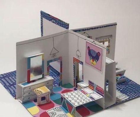 Paper Popup Room Paper House Printable, Doll House Bedroom, Paper Dollhouse, Template Craft, Prototype Design, Paper Doll House, Mini Doll House, Paper House, Up Book