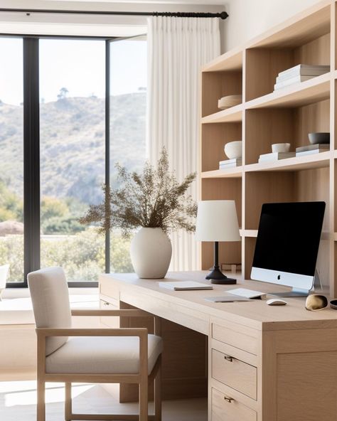 white oak desks, slipcover office chairs, & little table lamps for the work from home warriors at the link in my bio 📈 | Instagram Light Wood Office Furniture, White Oak Office Desk, White Oak Desk Home Office, White Oak Office, Desks Aesthetic, Oak Desks, Home Office White Desk, White Oak Desk, Office Desk Wood