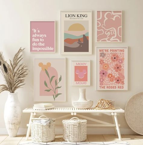 Dress Up a Room with a Boho Disney Gallery Wall - Decor - Disney Office Ideas, Mickey Home Decor, Disney Gallery Wall, Boho Disney, Faith Based Art, The Lost Sheep, Mickey Balloons, Vacation House, Hidden Mickey