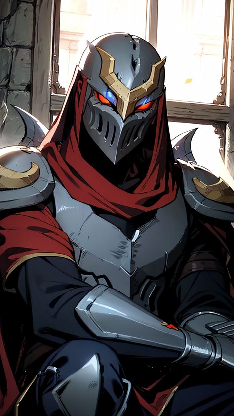 Zed, solo, looking at viewer, red eyes, 1boy,upper body, male focus, armor, mask, glowing, helmet, shoulder armor, glowing eyes, pauldrons, full armor, sitting, Red Eyes Character, Zed Lol, Armor Mask, Body Male, Zed League Of Legends, Legend Drawing, Wild Rift, Lol Champions, Drawing Body Poses