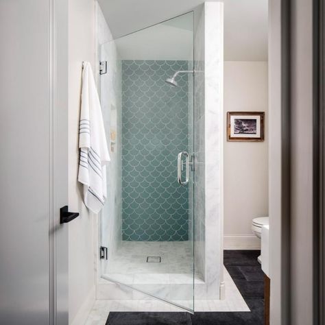 Small Bathroom With Blue Tiled Walk-In Shower Alcove Shower Ideas Small Bathrooms, Small Shower With No Door, Small Shower No Door, Small Shower Insert, Basement Shower Ideas Small Spaces, Small Stall Shower Ideas, Tiny Bathroom With Shower Ideas, Small Standing Shower Ideas, Small Shower Stall Remodel