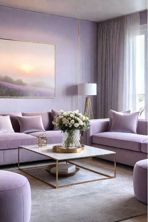 Stylish living room featuring a vibrant, modern paint color Living Room Lavender, Lilac Living Room Ideas, Light Purple Living Room, Lilac Living Room, Lavender Living Room, Lavender Home Decor, Lavender Bedroom, Purple Living Room, Home Feeling