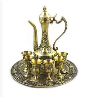 bronze color european style bar set, 1 plate1pot 6 Wine cups, metal wine set  JJ004 Eccentric Kitchen, Persian Tea, Tea Service Set, Herbs Tea, Tin Ornaments, Indian Tea, Whiskey Decanter Set, Vintage Coffee Pot, Antique Tea Cups