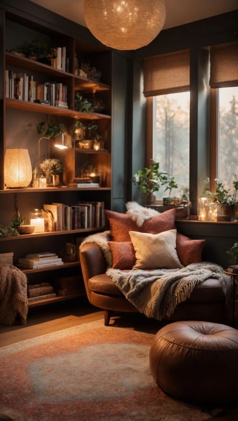 Cozy Home Library, Moody Living Room, Deco Studio, Home Library Design, Cozy Reading, Living Room Inspo, A Living Room, Dream House Decor, Front Room