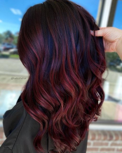 Red Burgundy Highlights and Black Lowlights Burgundy Hair With Highlights, Short Burgundy Hair, Black Hair With Red Highlights, Shades Of Burgundy Hair, Dark Burgundy Hair, Burgundy Hair Color, Red Balayage Hair, Wine Hair Color, Maroon Hair