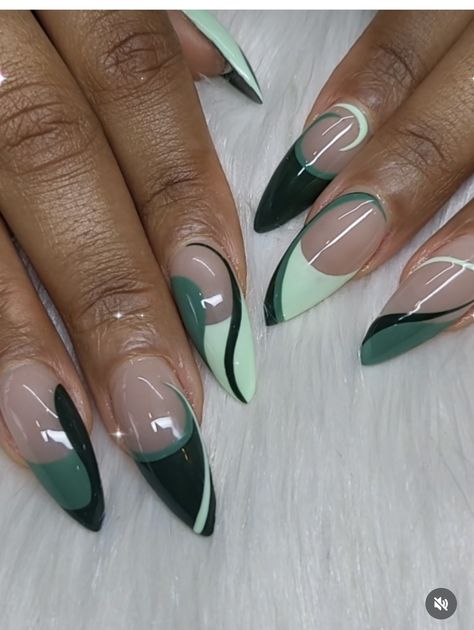 Monstera Plant Nail Art, Elegant Spring Nails 2024, Green And Silver Nails Ideas, Pointed Acrylic Nail Designs, Funky French Tip Nails Almond, Green And Nude Nail Designs, Almond Nails Trendy French Tip, White And Green French Tip Nails, Green Almond Nail Designs