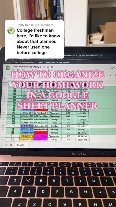 College Student Planner Ideas, How To Organize Assignments, School Assignment Spreadsheet, Google Classroom Organization, Google Sheets Study Hack, How To Organize Your School Work, How To Organize Assignments On Google Sheets, College Assignment Spreadsheet, School Laptop Organization