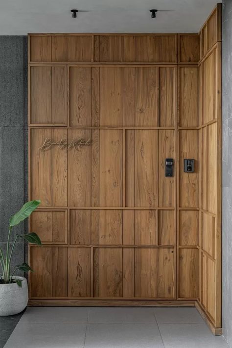 Entrance Door Design Apartment, Indian Door Design, Residential Lobby Design, Interior Design Articles, Main Entrance Door Design, Main Entrance Door, Wooden Main Door, Indian Doors, Japandi Interior