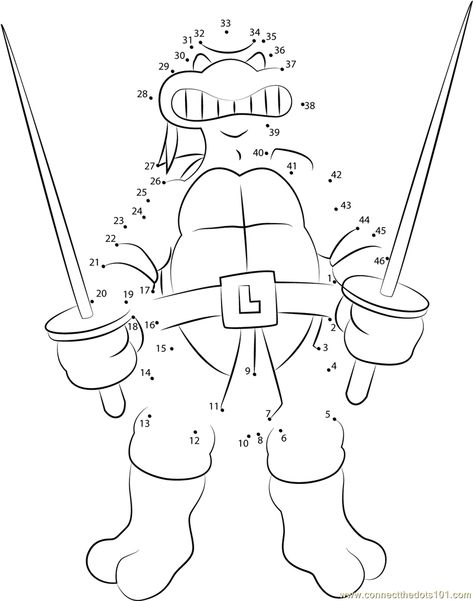 Download or print Leonardo With Swords dot to dot printable worksheet from Cartoons,Ninja-Turtles connect the dots category. Ninja Turtle Coloring Pages, Turtle Coloring, Toddler Printables, Leonardo Ninja Turtle, Turtle Coloring Pages, Dots Free, Dot Worksheets, Ninja Turtle Party, Birthday Angel