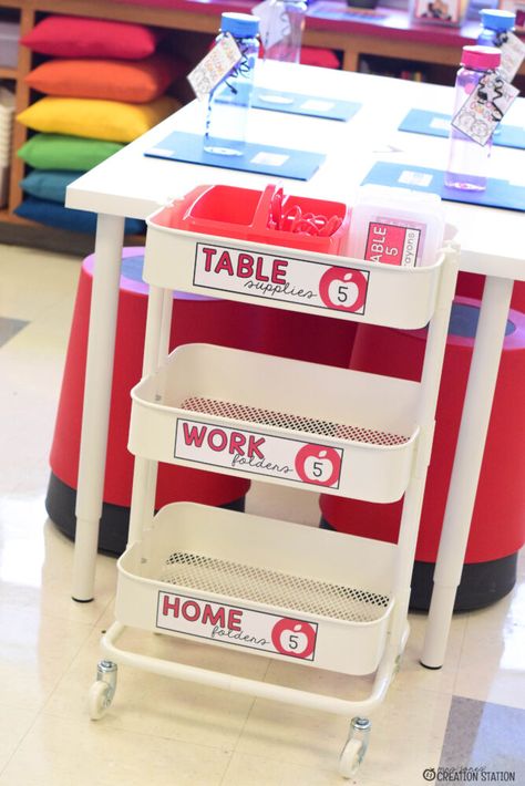 Organization Classroom Elementary, Student Storage For Tables, Table Trash Bins Classroom, Classroom Table Group Storage, 3 Tier Cart Organization Classroom, Classroom Organization Elementary Tables, Table Storage Classroom, Lunch Box Storage Ideas For Classroom, Table Supplies Classroom