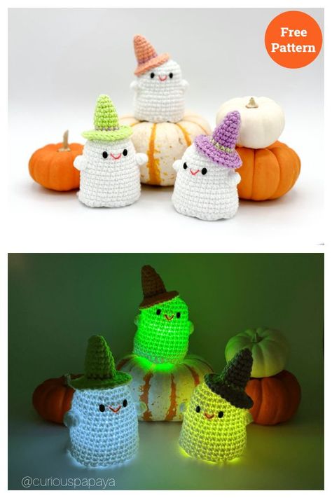 Mini Glow-in-the-Dark Ghosts Free Crochet Pattern Halloween Ideas, Crochet Glow In The Dark Patterns, Crocheted Ghosts Free Pattern, Arugumi Crochet, Glow In The Dark Crochet, Crochet Halloween Decorations, Ghost Character, Fall Craft Fairs, Halloween Decorating Ideas