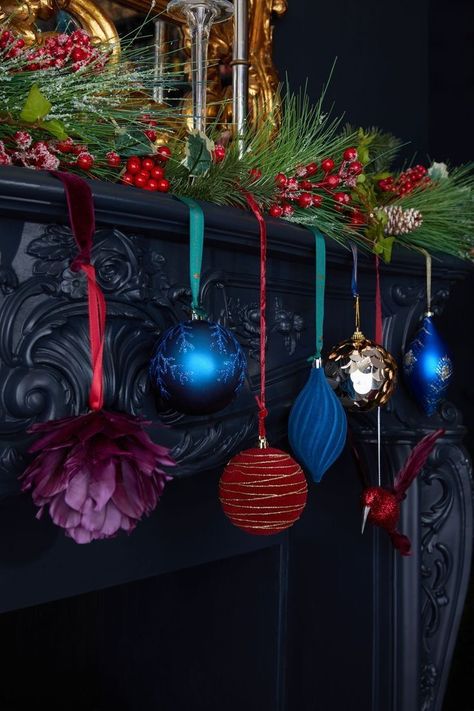 Maximalist Christmas Decor, Jewel Tone Christmas Decor, Jewel Tone Christmas, Lights For Christmas, Navy Christmas, Christmas Mantle Decor, Dark Christmas, Christmas Swags, Christmas Inspo