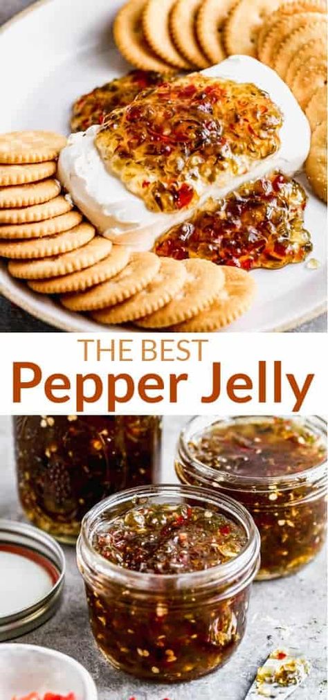 Our favorite Pepper Jelly recipe is sweet and spicy (adjust heat to your preference) and delicious spooned over cream cheese, served with crackers for dipping. I've also included instructions for canning and freezing. via @betrfromscratch Jalapeno Pepper Jelly Recipe Easy, Dr Pepper Jelly, Peppered Jelly, Red Pepper Jelly Dip, Easy Pepper Jelly, Finger Food For A Crowd, Jalapeno Jelly Recipes, Pepper Jelly Recipe, Canning Jam Recipes