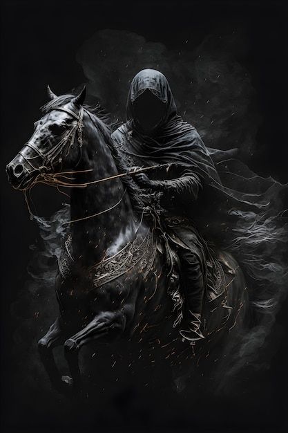 Photo a mare on a black horse | Premium Photo #Freepik #photo #horse-stable #stable #horse-racing #equestrian New Car Wallpaper, Deep Wallpaper, Knight On Horse, Ghost Rider Pictures, Grim Reaper Art, Man On Horse, Dark Fantasy Artwork, Iphone Wallpaper Classy, Wolf Photos