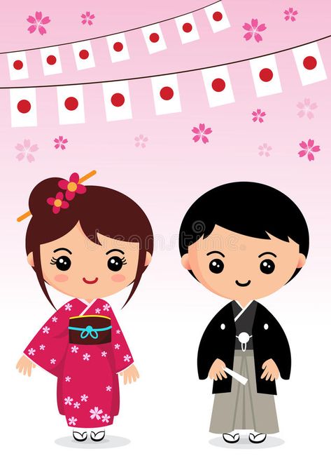 Japan doll vector illustration Japanese Greetings, Cartoon Map, Japanese Couple, Chibi Couple, Japan Illustration, Kimono Japan, Japan Outfit, Embroidery Design Sets, Clay Diy Projects