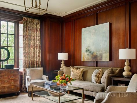 wood-paneled-library-room-102876271 Wood Paneling Living Room, Traditional Home Magazine, Paneled Library, Suzanne Kasler, Three Girls, Atlanta Homes, Drapery Panels, Wood Panel Walls, Chic Home Decor