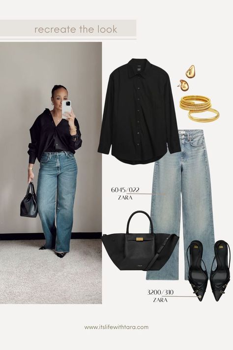 When pairing 2 basic items together. Make the shirt interesting by making it off the shoulder or tucking it in. It makes it more interesting. I love to pair earrings and a statement bag to finish off the look. Winter outfit idea, winter outfits, winter capsule, casual winter outfit, demellier bag, pointy slingback heels Outfit Idea Winter, Look Winter, Winter Capsule, Jeans Look, Denim Shirt