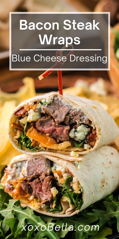 Steak Wraps Recipes, Homemade Blue Cheese Dressing, Homemade Blue Cheese, Wraps Recipes Easy, Bacon Steak, Steak Wraps, Beef Wraps, Chuck Steak, Blue Cheese Dressing