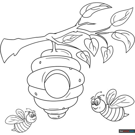 Free Bee Hive Coloring Page for Kids Easy Coloring Ideas, Bee Coloring Pages Free Printable, Easy Coloring Pages For Kids, Easy Pictures, Cartoon Grandma, Insect Coloring Pages, Spider Coloring Page, Bee Printables, Drawing Guides