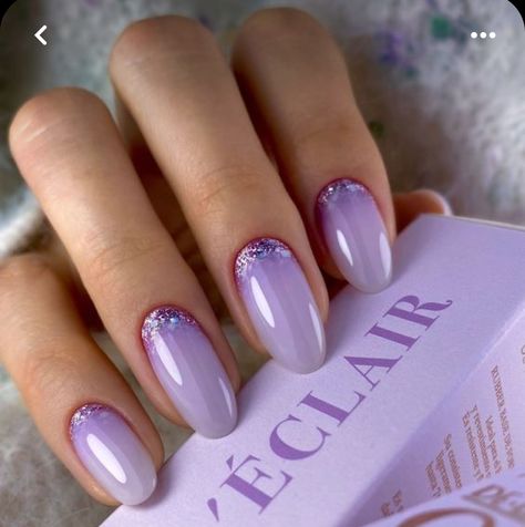 French Nails With Glitter Base, Purple Crystal Nails, Glitter Base Nails, Nail Purple Design, Lila Nail Art, Pretty Purple Nails, Lila Nails, Nail Art Purple, Baby Glam