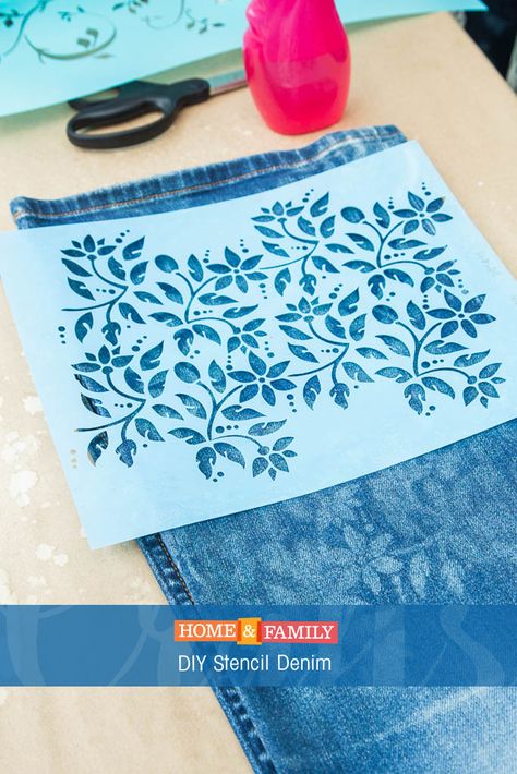 DIY Stencil Denim -  Update an old pair of jeans by using bleach to stencil the denim. DIY by @orlyshani on Home and Family! Återvinna Jeans, Hantverk Diy, Detail Couture, Bleach Pen, Diy Stencil, Blue Jeans Crafts, Family Diy, Jean Crafts, Denim Ideas