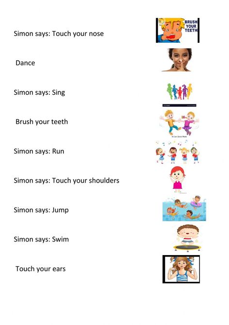 Simon Says Game, Match Worksheet, Body Parts For Kids, Character Actions, Action Verbs, Spoken English, English Language Teaching, English Lessons For Kids, English As A Second Language (esl)