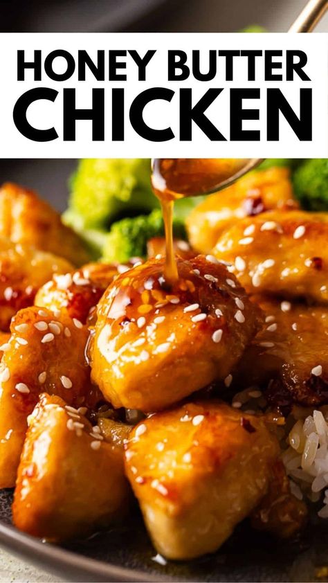 Bursting with flavor, this honey butter chicken recipe will quickly become a weeknight favorite! Smothered in a honey butter sauce made with spices, butter, honey, and soy sauce. Made in one pan and ready in 20 minutes, this chicken dish will win the hearts of many! #honeybutterchicken #chickendinner #onepanmeal Honey Butter Sauce For Chicken, Honey Chicken Recipe Easy, Honey Chicken Recipes Easy, Recipes With Chicken Thighs, Honey Butter Sauce, Honey Chicken Recipe, Butter Chicken Sauce, Honey Butter Chicken, Baked Pineapple