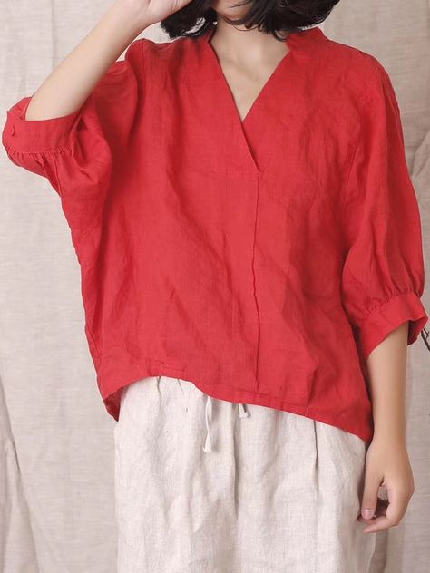 Linen Summer Outfits, Buttons Design, Linen Tops, Linen Top Women, Women Blouse, Indian Designer Outfits, Linen Blouse, Loose Style, Fashion Design Clothes