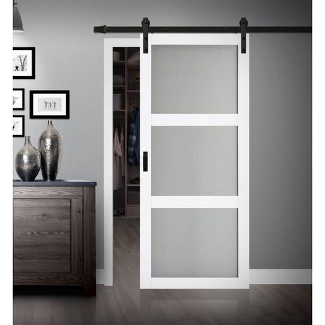 Calhome Paneled Wood Finish Barn Door with Installation Hardware Kit & Reviews | Wayfair Barn Door The Home Depot, Glass Barn Doors Interior Bedroom, Barn Doors In The House Pantry, Frosted Glass Barn Doors Interior, Modern Barn Doors In The House, Modern Barn Door Bathroom, Barn Door With Glass Panels, Barn Door In Bedroom, Contemporary Barn Door