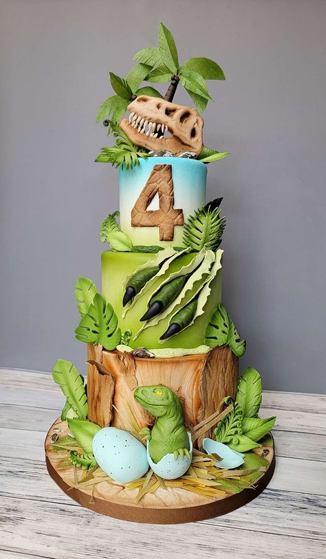 Children's Cakes | whimsycakesbydee Tired Cake, Dinosaur Cakes For Boys, Dinosaur Birthday Party Food, Dinasour Birthday, Dinosaur Birthday Party Ideas, Dino Birthday Cake, T Rex Cake, Jurassic Park Birthday Party, Dinosaur Birthday Theme