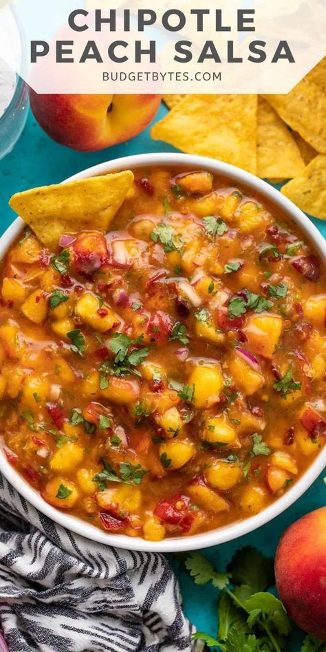 Use those fresh, juicy summer peaches to make this sweet and spicy Chipotle Peach Salsa! Goes great with chips, chicken, fish, and more! BudgetBytes.com Sweet Spicy Salsa, Spicy Peach Salsa, Df Dinner, Spicy Meals, Budget Bites, Salsa Canning Recipes, Dip Party, 2023 Thanksgiving, Peach Salsa Recipes