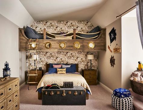 How cool is this pirate-themed bedroom? We love the loft above the bed!  Would your kids want something like this in their room? . . . . . . . . . . . . Broker is EXP Realty #sanantonio #stoneoak #dominion #shavanopark #elmcreek #sanantoniorealtor #sanantoniorealestate #garzaheron #sellmyhouse #expiredlistings #sellmyhome #fsbo #forsalebyowner #luxuryrealestate #homesellers #homeselling #casasensanantonio #casasentexas #bienesraicesensanantonio #casaensanantonio #sanantoniohomes #alamoheights #t Pirate Room Decor, Pirate Bedroom Theme, Bedroom Ideas For Boys, Themed Bedroom Ideas, Nautical Themed Bedroom, Pirate Bedroom, Pirate Room, Nautical Bedroom, Beach Themed Bedroom