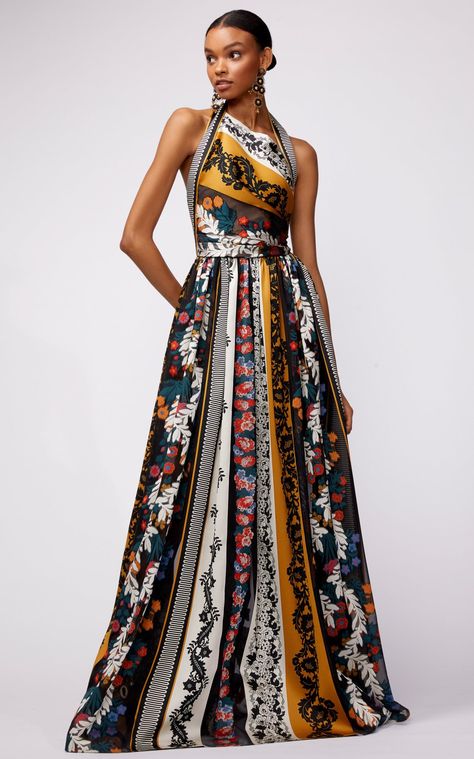 Asymmetric Neck Halter Gown With Paneled Print by Oscar de la Renta PF19 | Moda Operandi African Fashion, Gatsby, Fancy Gowns, Halter Gown, Moda Operandi, Couture Fashion, Look Fashion, Classy Outfits, Pretty Dresses