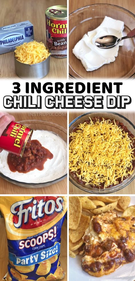 Easy Chili Cheese Dip, 3 Ingredient Chili, Football Food Appetizers, Chili Cheese Dip, Chili Cheese Dips, Football Snacks, Easy Chili, Quick And Easy Appetizers, Dip Recipes Easy