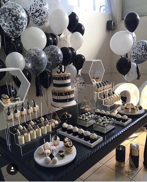 Black And Silver Birthday Table Decor, Straight Outta My Twenties Party Decor, 18th Birthday Party Snack Table, 30th Birthday Party At Home, 30th Birthday Snack Table, Dessert Table Ideas Birthday Men, Party Favor Table Ideas, Male 60th Birthday Party Ideas For Men, 18th Birthday Party Ideas For Boys Theme