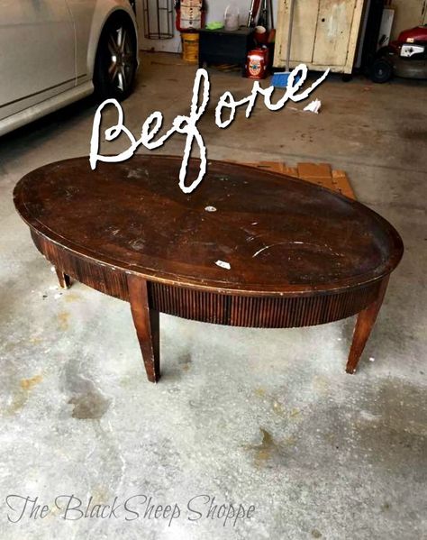 This dark and dingy thrift store coffee table is just begging for a makeover. Coffee Table Before And After Diy, Diy Coffee Table Refurbish, Coffee Table Chalk Paint Makeover, Thrift Store Coffee Table Makeover, Redoing Coffee Tables, Chalk Painted Coffee Tables, Refinish Coffee Table Diy, Oval Coffee Table Diy, Refinishing Coffee Table Ideas