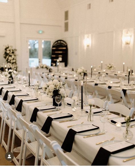 Minimalist Black Wedding Decor, Black And White Wedding On A Budget, Monochrome Wedding Table Setting, Black And Cream Table Setting, Black And White Long Table Setting, Wedding White Tablecloth Black Napkins, Wedding Favors At Place Setting, White Tables With Black Chairs Wedding, Black And White Formal Decorations