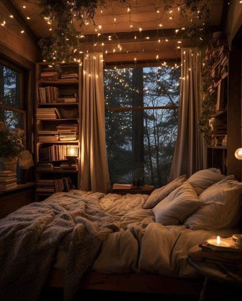 Cozy Cottage Room Aesthetic, Dream Room With Books, Cozy Room At Night, Fancy Room Decor, Small Cozy Bedroom Ideas For Couples, Cozy Room Night Aesthetic, Cozy Bed With Stuffed Animals, Dream Rooms Aesthetic, My Bedroom Aesthetic