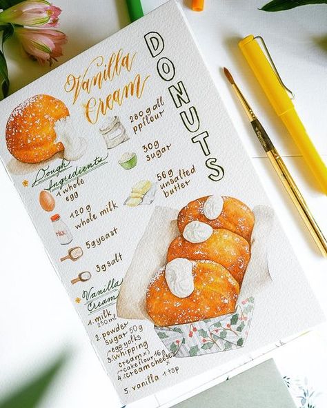 Culinary Notes Aesthetic, Food Illustration Recipe, Food Recipes Written Down, Food Illustration Art Watercolour, Recipe Sketchbook, Baking Notebook, Recipe Drawing Food Illustrations, Recipe Writing, Recipe Graphic