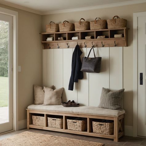 ⚠️LINK IN BIO⚠️ A functional rustic farmhouse mudroom with built-in storage, a cushioned bench, and hooks for coats and bags, perfect for organization. #Mudroom #RusticFarmhouse #Functional #BuiltInStorage #Bench Rustic Mudroom Storage, Coat Bench Rack Entry Ways, Hallway Bench And Coat Rack, Coat Rack Wall With Bench, Hallway Hooks And Storage, Mud Room Bench With Storage Farmhouse, Coat And Hat Rack Ideas, Entrance Hall Ideas Rustic, Mudroom Bench And Hooks