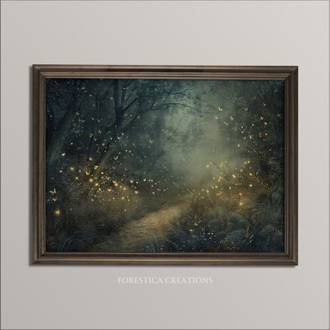 Fireflies Moody Fairytale Aesthetic, Dark Academia Prints, Cottagecore Wall Art, Woodland Fairies Painting, Dark Naturalism Decor - Etsy Moody Whimsical Aesthetic, Faerie Bedroom, Southern Grandmillenial, Naturalism Art, Light Academia Home, Oddities Wall, Fairy Tale Room, Fairies Painting, Gothic Cottagecore Aesthetic