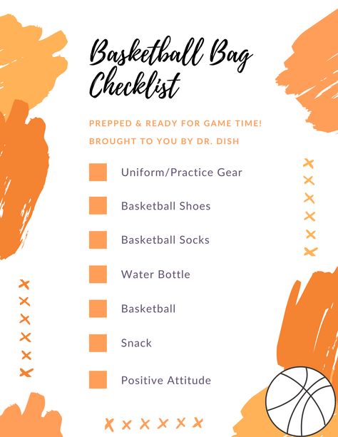 Whether you need to be ready for practice or game time Dr. Dish has you covered! Print out this checklist and go through it each time you pack your bag! Don't forget to always bring a positive attitude #forparents #kidssummeractivities #checklist #basketballbag #basketball #basketballchecklist #drdishbasketball Things You Need For Basketball, What To Pack For A Basketball Tournament, What To Pack For Basketball Practice, What To Keep In Your Basketball Bag, Basketball Packing List, Basketball Bag Checklist, Basketball Tournament Packing List, Basketball Bag Essentials, Basketball Checklist